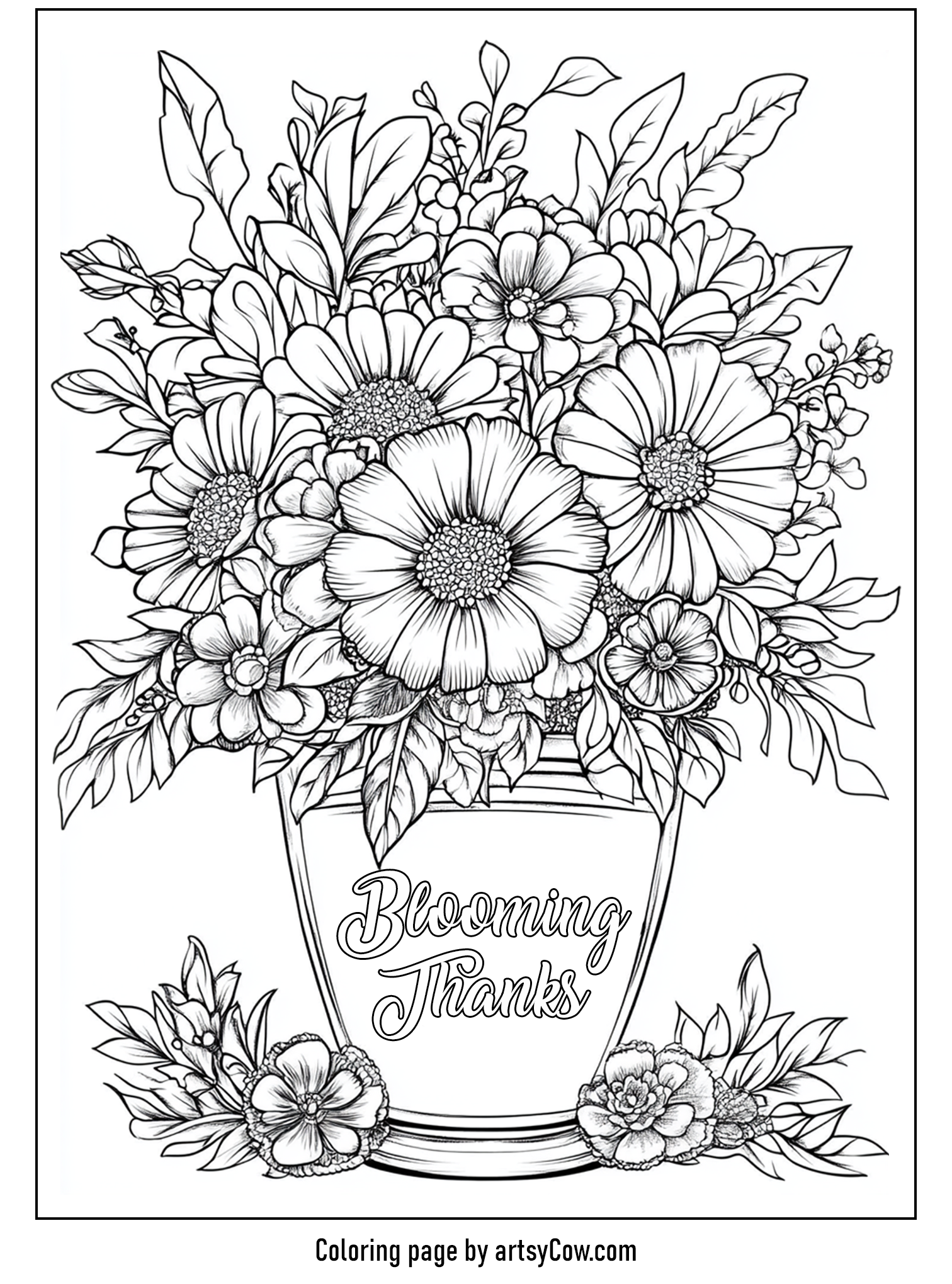 thanksgiving coloring pages for adults featuring a detailed floral arrangement in a vase labeled Blooming Thanks with autumn flowers and leaves.